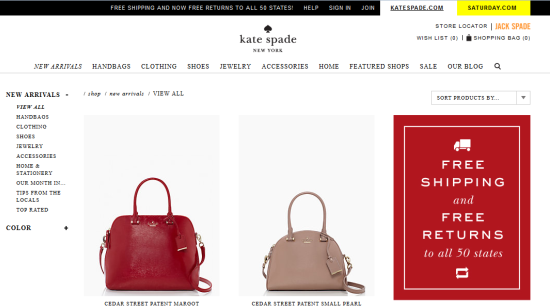 katespade.com offers free shipping